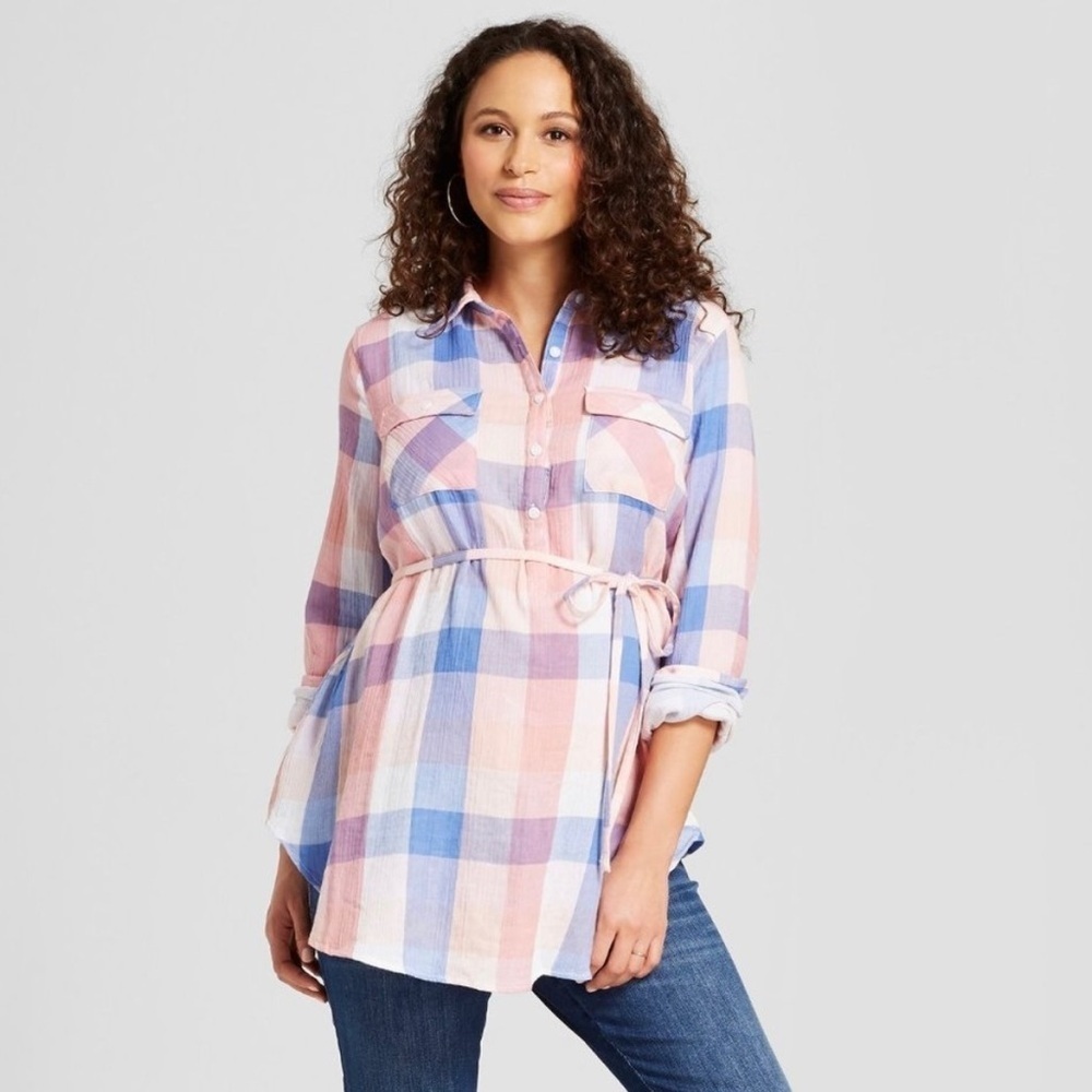 Isabel Maternity by Ingrid & Isabel Plaid Button Up Tunic Shirt Size M